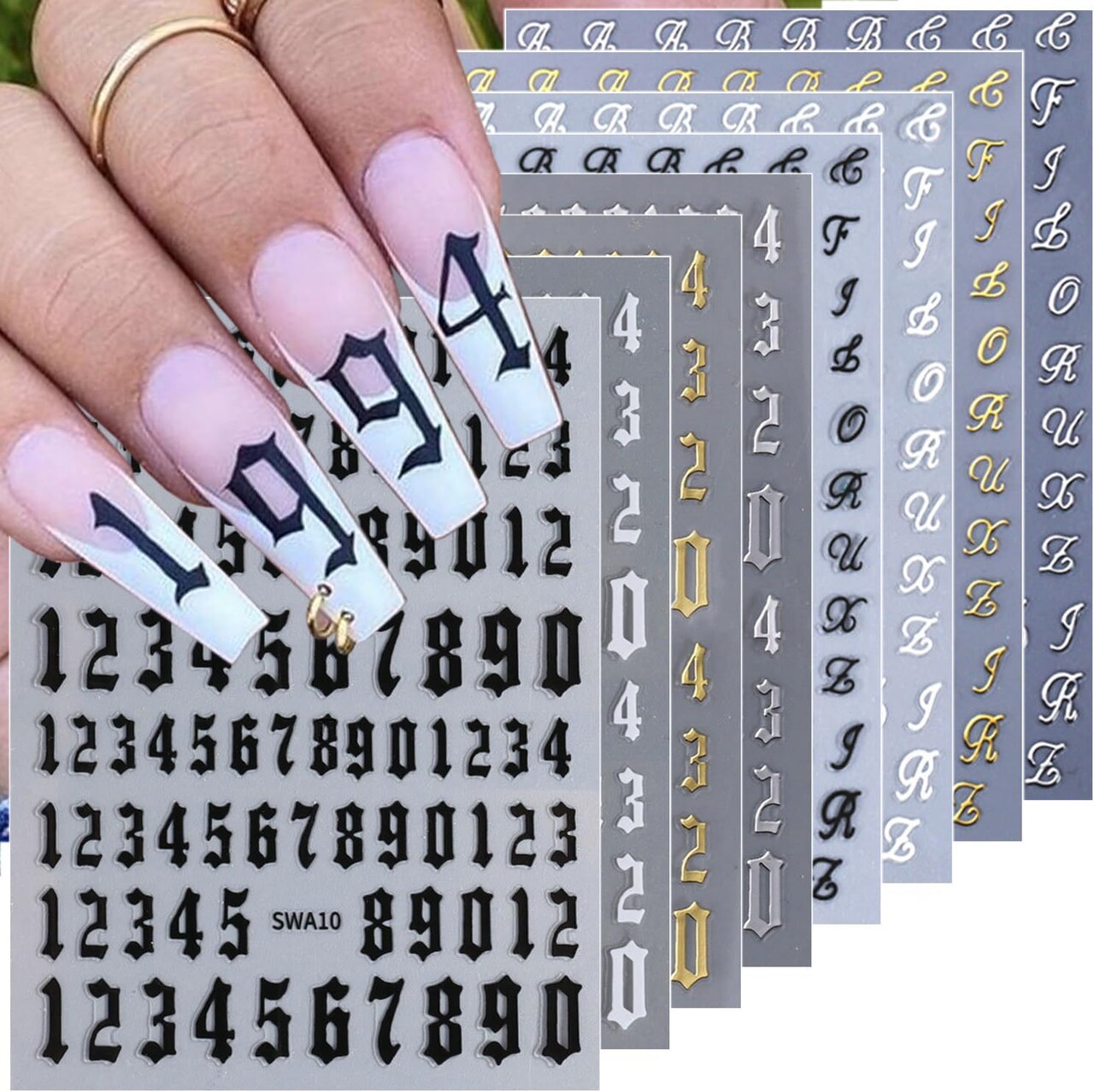 8 Sheets Old English Letter & Numbers Nail Stickers (Black White Gold Silver)